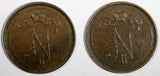 FINLAND Nicholas II Copper LOT OF 2 COINS 1896,1899 10 Penniä KM# 14