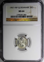 Denmark Frederik VIII (1906-1912) Silver 1907 VBP GJ  25 Ore NGC MS64 KM# 808(3)