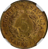 Finland Brass 1949-H 5 Markkaa NGC MS63 VARIETY - WIDE "H" KM# 31a (208)