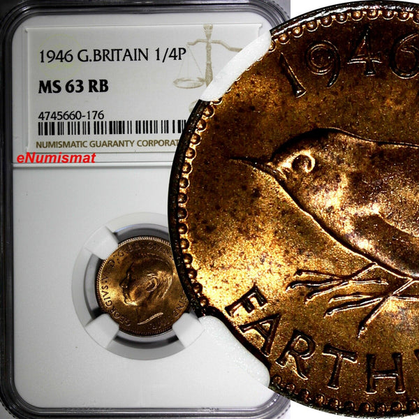 Great Britain George VI Bronze 1946 Farthing NGC MS63 RB RED TONING KM# 843 (76)