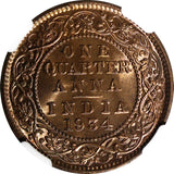 India-British George V Bronze 1934 (C) 1/4 Anna NGC MS65 RB NICE RED KM# 512 (0)