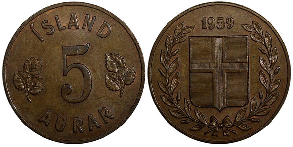 Iceland  Bronze 1959 5 Aurar 24mm UNC KM# 9 (20 514)