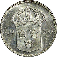 SWEDEN Gustaf V Silver 1936 G 10 Öre Variety : Long "6" UNC KM# 780 (21 898)