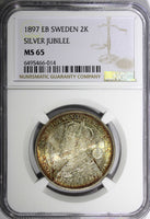 SWEDEN Silver Jubilee Oscar II 1897 EB 2 Kronor NGC MS65 NICE TONED KM# 762 (14)