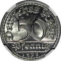 Germany, Weimar  Republic 1922 D 50 Pfennig NGC MS64 Munich Mint KM# 27 (037)