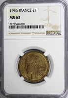 France Aluminum-Bronze 1936 2 Francs NGC MS63 TOP GRADED BY NGC KM# 886 (099)