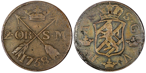 SWEDEN Adolf Frederick 1758 2 Ore,S.M Low Mintage- 91,000 SCARCE KM#461 (21 341)