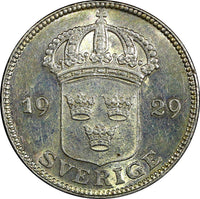 SWEDEN Gustaf V Silver 1929 G 50 Ore  Nice Toned BETTER DATE KM# 788 (22 001)