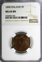 Finland Nicholas II Copper 1898 5 Penniä NGC MS64 BN BETTER DATE KM# 15 (060)