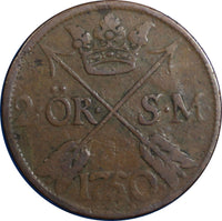 Sweden Frederick I 1750 2 Ore, S.M.Slant 5 Low Mintage-353,000 Brown KM#437/6304