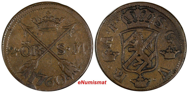 SWEDEN Adolf Frederick (1751-1771) 1760 S.M. 2 Ore Mintage-558,000 KM#461 (112)