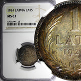 Latvia Silver 1924 1 Lats NGC MS63 NICE RAINBOW TONING SCARCE KM# 7 (123)