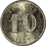 SWEDEN Oscar II Silver 1907 EB 10 Öre UNC Condition 1 YEAR TYPE KM# 774 (10 524)