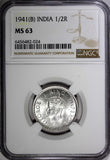 India-British George VI Silver 1941 (B) 1/2 Rupee Bombay NGC MS63 KM# 551 (024)