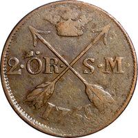 SWEDEN COPPER  Adolf Frederick 1751 2 Ore, S.M.Low Mintage353,000 SCARCE KM# 461