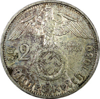 Germany - Third Reich Silver 1939 G 2 Reichs Mark Hindenburg KM# 93 (22 297)