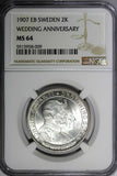 SWEDEN Oscar II Silver 1907-EB 2 Kronor NGC MS64 Golden Wedding Anniv.KM#776(9)