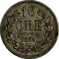 Sweden Carl XV Adolf Siver 1871 ST 10 Öre Last Year Type XF KM# 710 (18 103)