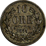 Sweden Carl XV Adolf Siver 1871 ST 10 Öre Last Year Type XF KM# 710 (18 103)