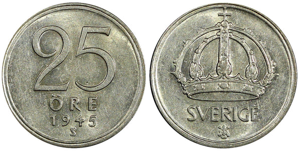 Sweden Gustaf V Silver 1945 TS 25 Öre   KM# 816 (22 026)