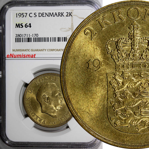 Denmark Frederik IX Aluminum-Bronze 1957 C S 2 Kroner NGC MS64 31mm KM# 838.2(0)