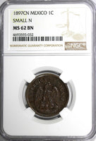 Mexico SECOND REP.1897 CN 1 Centavo Small "N" NGC MS62 BN  Culiacan Mint KM391.1