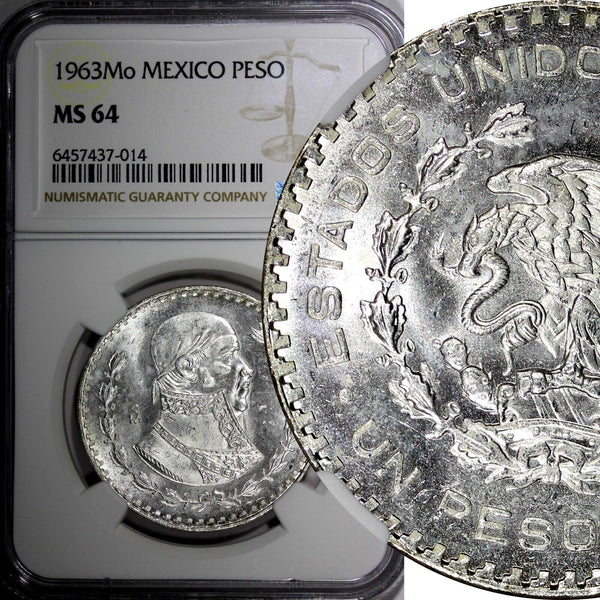 Mexico ESTADOS UNIDOS MEXICANOS Silver 1963 Peso Jose Morelos NGC MS64 KM#459(4)