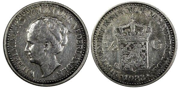Netherlands Wilhelmina I Silver 1922 1/2 Gulden KM# 160 (20 666)