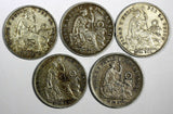 Peru Silver LOT OF 5 COINS 1875-1907 1/5 Sol Seated Liberty Toned KM# 191 (135)