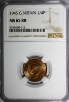 Great Britain George VI Bronze 1945 Farthing NGC MS65 RB RED TONING KM# 843 (16)
