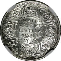 India-British George VI Silver 1940 (B) 1/2 Rupee Bombay NGC AU58 KM# 550a (011)