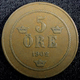 SWEDEN Oscar II Bronze 1902 5 Öre 27mm Mintage-441,660 KM# 757 (23 167)
