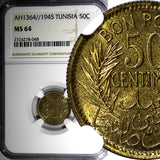 TUNISIA AH1364 1945 50 Centimes NGC MS64 WWII Issue TOP GRADED KM# 246 (048)