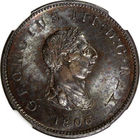 Great Britain George III Copper 1806 1/2 Penny Soho NGC MS63 BN KM# 662 (20)