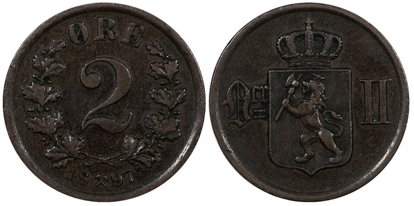 NORWAY Oscar II Bronze 1897 2 Ore Lion  KM# 353 (20 843)