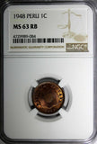 Peru Bronze 1948 1 Centavo NGC MS63 RB Thin Planchet KM# 211a