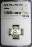 Philippines U.S. Administration Silver 1945 D 20 Centavos NGC MS66 GEM BU KM#182