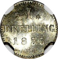 German States HAMBURG Silver 1855 1 Dreiling NGC MS65 1 YEAR TYPE KM# 582 (059)