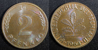 Germany - Federal Republic Bronze 1964 G 2 Pfennig Baden UNC KM# 106 (23 343)