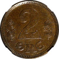 DENMARK Christian X Bronze 1921 HCN CJ 2 Ore NGC MS62 BN KM# 813.2 (174)