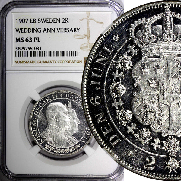 SWEDEN Oscar II Silver 1907-EB 2 Kronor NGC MS63 PL PROOF LIKE KM# 776 (031)