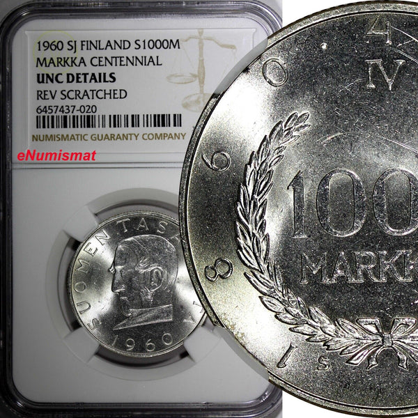 FINLAND Silver 1960 S J 1000 Markkaa Mintage-201,000 NGC UNC DETAILS KM# 43 (0)
