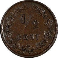 Netherlands William III Bronze 1885 1/2 Cent ch.XF KM# 109.1 (20 461)
