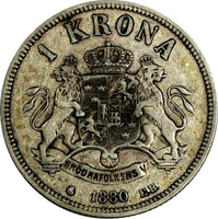 Sweden Oscar II Silver 1880 EB 1 Krona Mintage-177,000 SCARCE  KM# 747 (15 653)