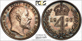Great Britain Edward VII Silver 1906 4 Pence PCGS PL62 PROOFLIKE TONED KM#798(6)