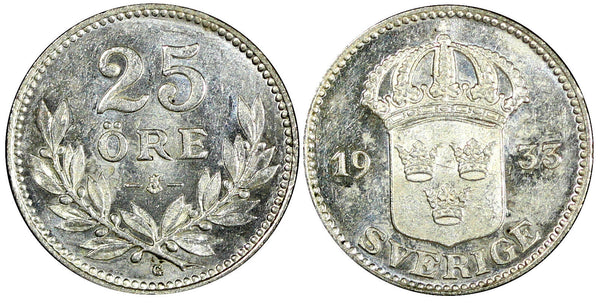 Sweden Gustaf V Silver 1933 G 25 Öre BETTER DATE KM# 785 (22 148)