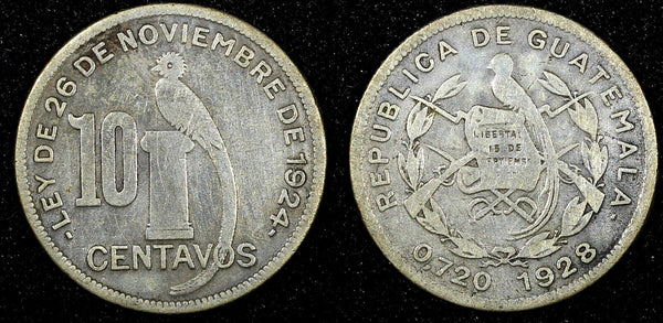 GUATEMALA Silver 1928 10 Centavos Royal British Mint KM# 239.2 (22 906)