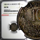 Mexico SECOND REP.Silver 1881 HO A 10 Centavos NGC AU58 Hermosillo RARE KM#403.6
