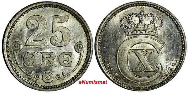 Denmark .Christian X Silver 1913 VBP GJ 25 Ore Ch.UNC KM# 815.1 (15016)