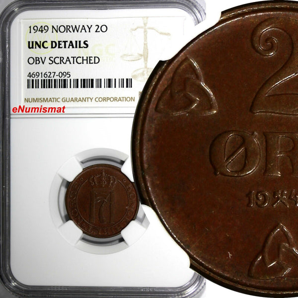 Norway Haakon VII Bronze 1949 2 Ore NGC UNC DETAILS  KM# 371